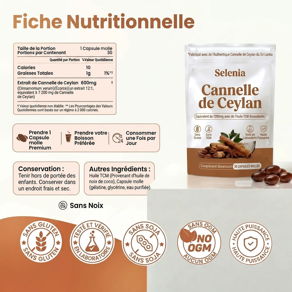 Cannelle de Ceylan 7200 mg Équivalent avec Huile MCT